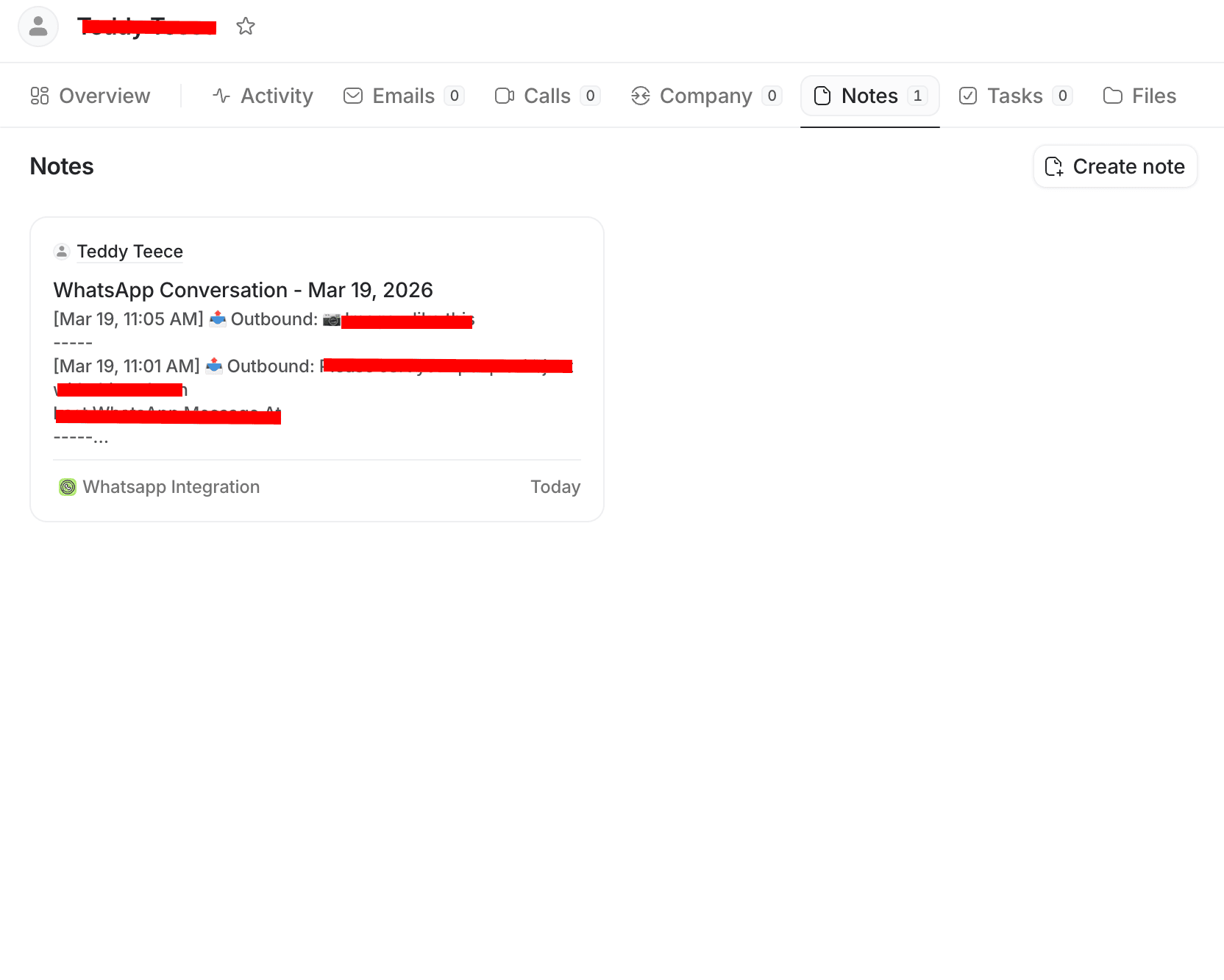 WhatsApp chats saved as Attio notes inside a person record