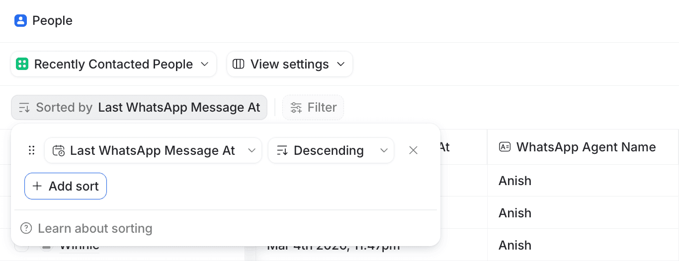 How to sort the People table in Attio by Last WhatsApp Message At